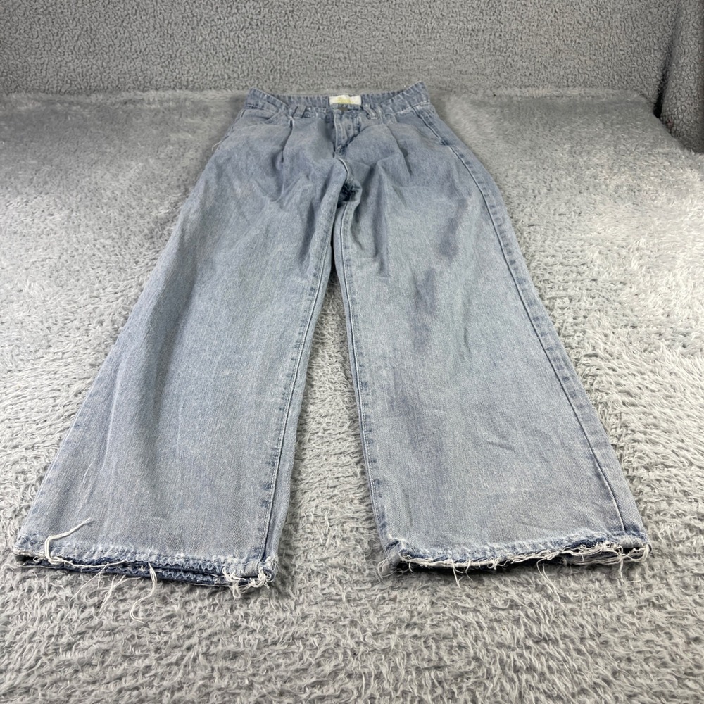 MISS ORANGE Light Wash Wide Leg Pleated Jeans Raw Hem Distressed Denim